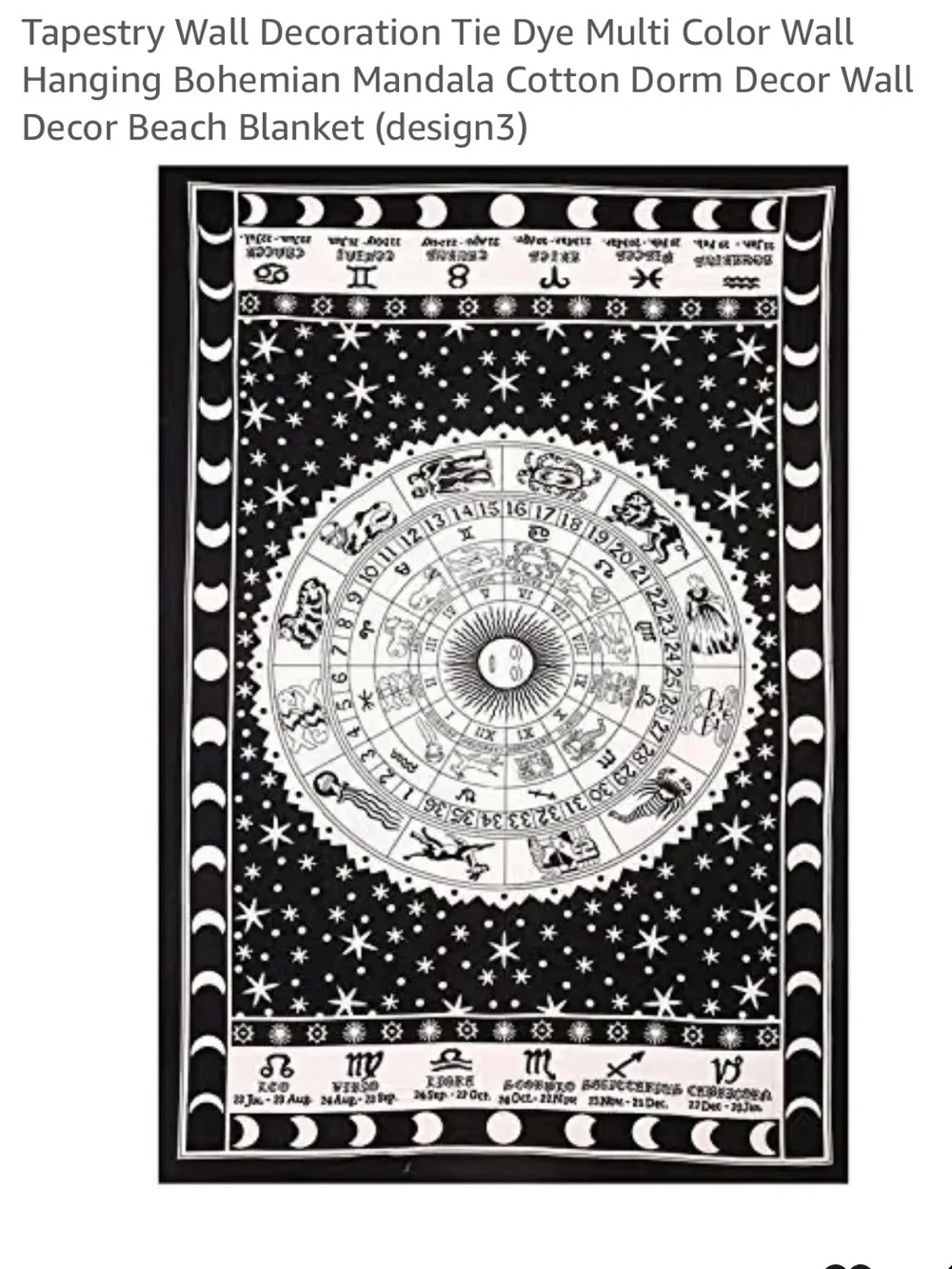 Black and White Zodiac Wheel Wall Tapestry With Stars